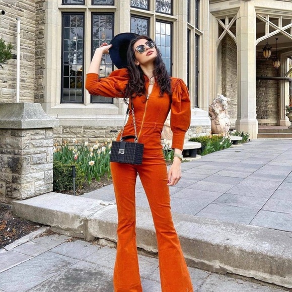 WE WORE WHAT | Rust corduroy 70s Jumpsuit High-rise in Autumnal - Picture 11 of 12